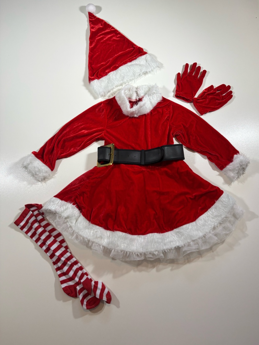 Girls Santa Costume Dress Red Velvet Faux Fur Trim Hat Gloves XS 4-5 Christmas